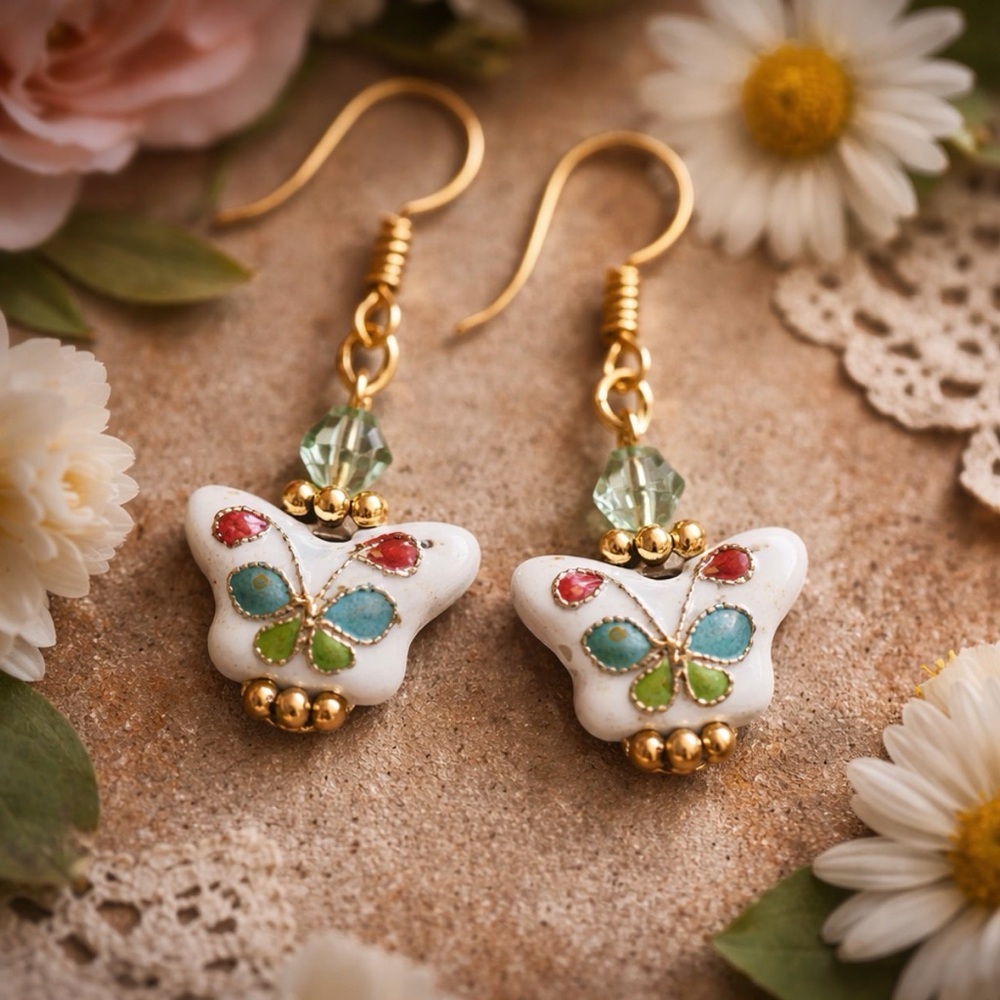 Vintage Cloisonné Butterfly Earrings Gold Hooks Artisan Dangle